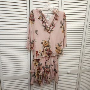 Papell Petites 2-Piece Ruffled Pink Floral Vintage Print Skirt and Matching Top
